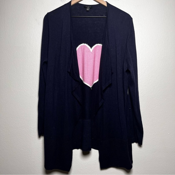 Talbots Women‎ Cardigan Sweater 1X Navy Blue Pink Heart Novelty Open Front - Picture 1 of 8